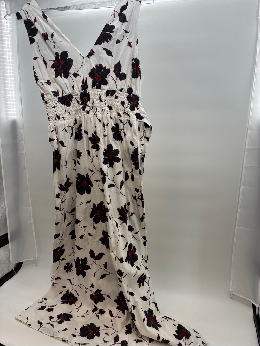 White Floral V-Neck Maxi Dress with Smocked Waist and Black & Dark Red Print